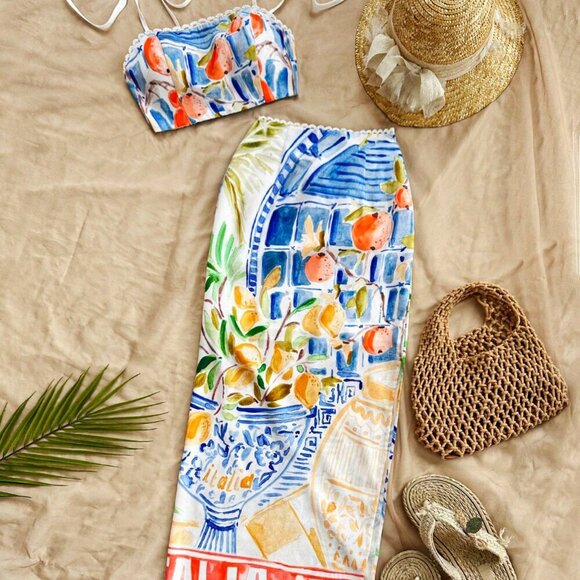 Multicolor Boho Women's Vacation Style Scenery Print Short Cami & Midi Skirt Set - Picture 1 of 6